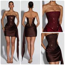European And American Style Strapless Shiny Rhinestone Waist-Cinching Dress Satin Irregular Short Dress Party Nightclub Tight Elegant Gown - 酒紅色 - 查看 2
