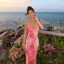 YJ25482PFO European And American Style Fashion Printed Strap Dress Ins Summer New Sexy Waist-Cinching Bodycon Dress - 粉色 - 查看 4