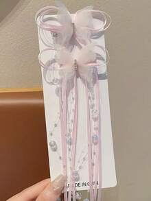 2pcs Mesh Butterfly Long Streamer Beaded Tassel Hair Clip, Bangs Side Clip, Princess Style, Suitable For Valentine's Day Decoration, Daily, Party, Valentine's Day Use (No Card, Handmade, Bowknot May Not Be Separated Due To Packaging Compression, Consistent With Displayed Effect) - Multicolor - View 4
