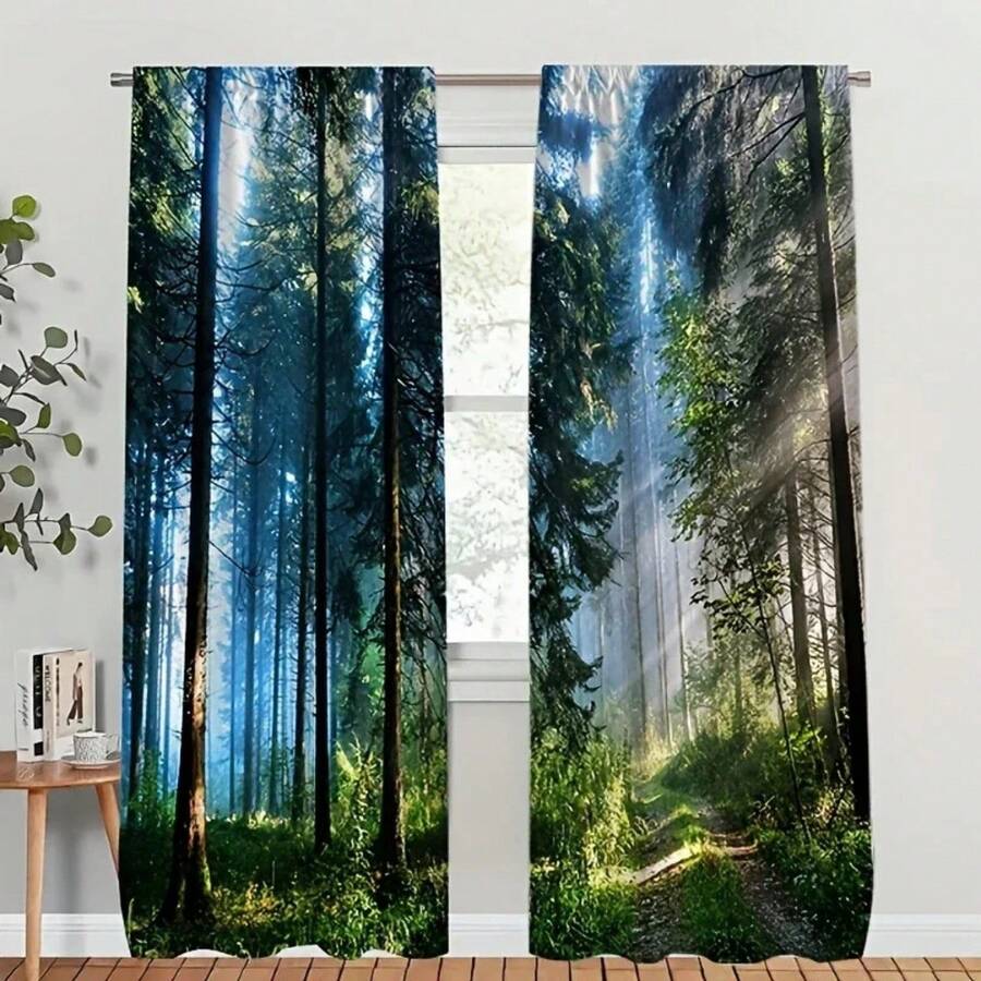 2pcs Misty Forest Path Printed Curtains, Designed For Light Filtering, Quality Material, Ideal For Nature-Inspired Home Window D - 彩色 - 查看 1