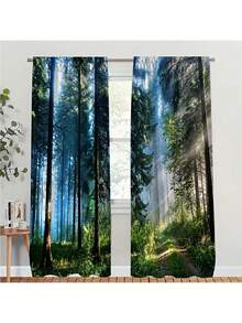 2pcs Misty Forest Path Printed Curtains, Designed For Light Filtering, Quality Material, Ideal For Nature-Inspired Home Window D - 彩色 - 查看 5
