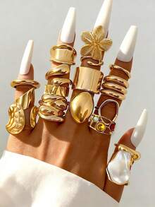 20/3pcs Set Vintage Elegant Bohemian Style Floral Pearl Colorful Gemstone Metal Ring Set, Suitable For Daily Wear And Party - Style 27 - View 5