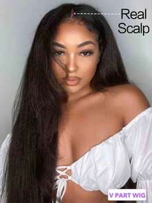 Kinky Straight V Part Wig Human Hair Glueless Wear And Go Wigs For Black Women No Leave Out Upgrade U Part Wig Full Head Clip In Half Wig Yaki Straight Virgin Hair Wig 150% Density Natural Black 8-22 24 26 28 30 Inch - Natural Black - View 2