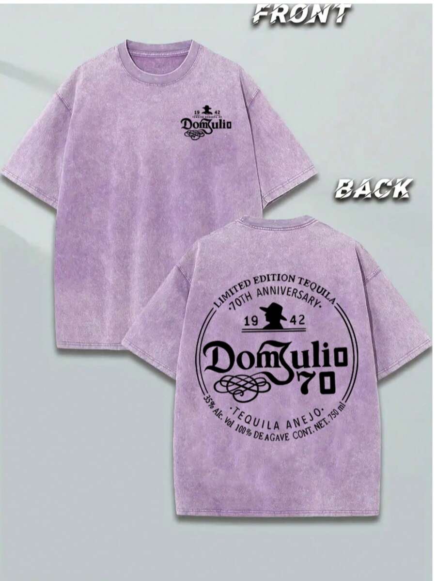 230G Washed Pure Cotton T-Shirt, Men'S Casual Fashion, With 'Dom Julio 70th Anniversary' Print, Outdoor Sports T-Shirt Loose Fit Soft Knitted T-Shirt - 紫色 - 查看 1