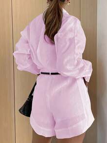 Bộ đồ thể thao thời trang công sở gồm áo sơ mi dài tay ôm dáng và quần short ống đứng, màu hồng nhạt, thích hợp cho mùa xuân. - Hồng - Xem 3