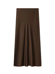 Jupe longue en satin vintage pour femmes, taille élastique, couleur unie, décontractée et élégante, pour le trajet, la rue, le bureau, style dame - Marron fonçé - Voir 5
