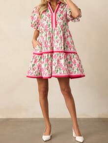 Women's Y2k V Neck Boho Mini Dress Stylish Short Puff Sleeve Floral Print A Line Dress Fashionable Loose Fit Contrast Color Ruffled Casual Work Dress Streetwear - 粉色 - 查看 2