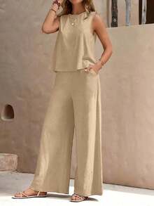 Plain Casual Button Pocket Office - 杏色 - 查看 2