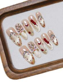 10片手工椭圆形亚克力按压式美甲，中长款，柔和粉色，闪亮金色猫眼，可爱狮子舞图案，3D糖葫芦，镶嵌小钻石，新年礼物，前卫优雅简约新年美甲，冬季假指甲，节日美甲，派对日常及约会适用，海滩热带度假风，DIY假指甲，适合女性和女孩作为礼物美甲用品 - 金色 - 查看 4