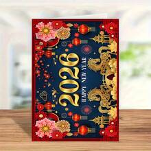 1 Peça Cartões de Ano Novo Feliz com Envelopes, Cartões de Saudação do Ano Novo Chinês Tradicional, Cartões Decorativos de Presente com Tema Dourado e Vermelho do Ano do Cavalo 2026, Adequado para Qualquer Pessoa - Vermelho e Branco - Visão 3