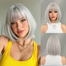 NICKY WALL Elegant 12 Inch Short Straight Wigs For Women Light Grey Bob Wigs With Bangs, High Density Fluffy Synthetic Heat Resistant Fiber Hair Wig For Daily Party Use - 淺灰色 - 查看 12