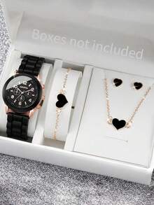 4件套时尚硅胶表带女士石英表心形饰品套装（不含表盒） - 黑色 - 查看 1