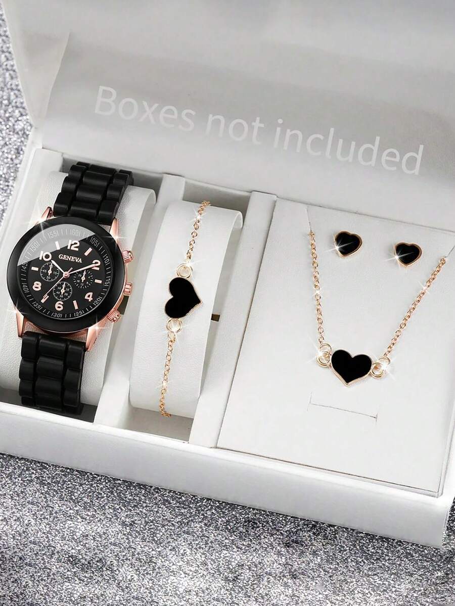 4件套时尚硅胶表带女士石英表心形饰品套装（不含表盒） - 黑色 - 查看 1