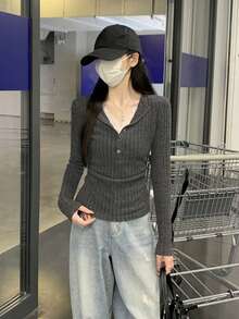 Lace Trim Button 2 In 1 Fitted Brushed T-Shirt Top - Grey - View 7