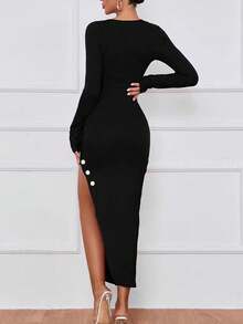 Elegant Women's Long Sleeve Bodycon Dress, V-Neck, High Slit, Button Design - Black - View 2