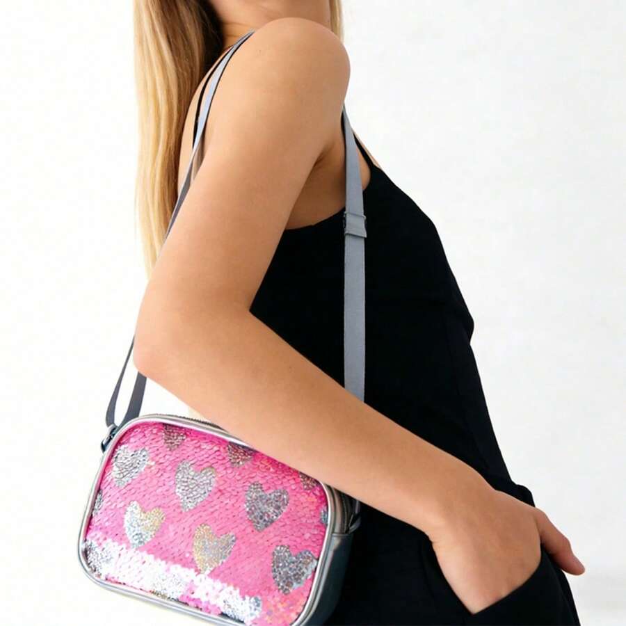 Women's Sequin Heart Shoulder Bag Fashionable Zip Up PU Crossbody Bag For Shopping, Party, Travel - 粉色 - 查看 1