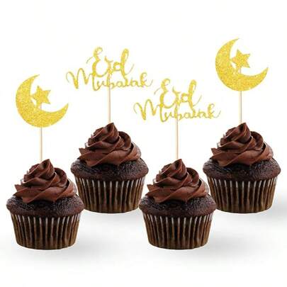 12pcs Glitter Gold Eid Mubarak Cupcake Toppers, Moon And Star Eid Cupcake Topper, Eid Al-Adha Cupcake Topper Eid Al Adha Decorations Adha Muslim Decoration Eid Ramadan Party Decoration Muslim Party Supplies