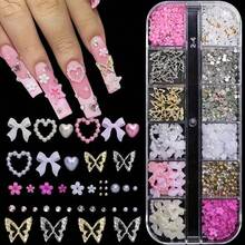 3D Multi Shapes Nail Charms And Flatback Pearls, White Pink Heart Star Bow Butterfly Acrylic Flower Cute Nail Jewels With Caviar Beads, Rhinestones, Pearls For Y2K Nail Art DIY Decoration - 12 ô lưới - Xem 1