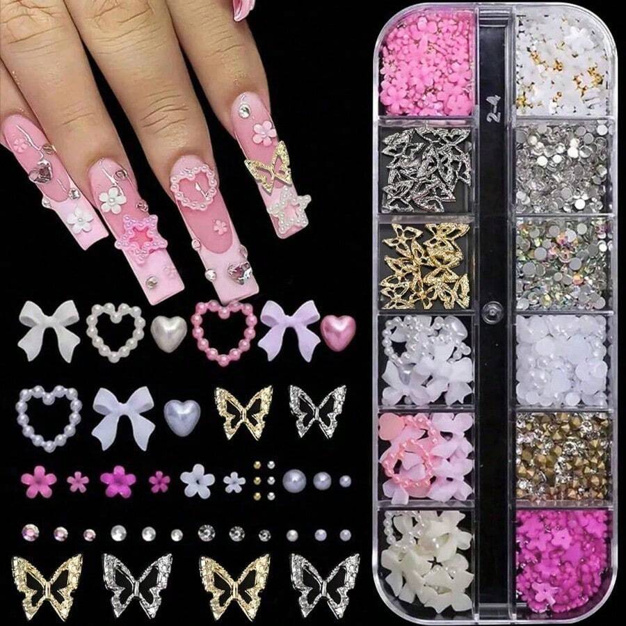 3D Multi Shapes Nail Charms And Flatback Pearls, White Pink Heart Star Bow Butterfly Acrylic Flower Cute Nail Jewels With Caviar Beads, Rhinestones, Pearls For Y2K Nail Art DIY Decoration - 12 ô lưới - Xem 1