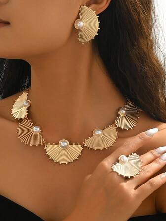 2pcs/Set New Creative Minimalist Floral & Geometric Pattern Fashion Elegant Middle Eastern Style Asymmetrical Bib Necklace Set