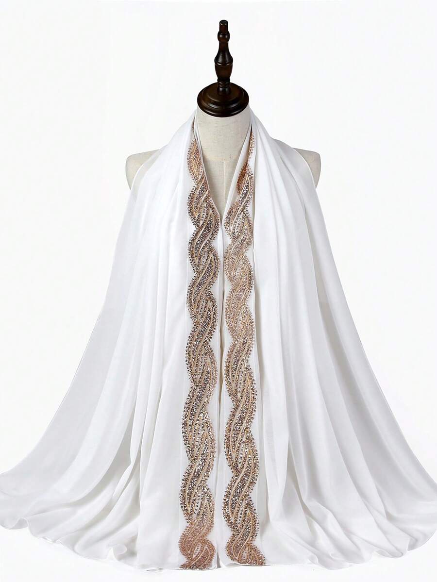 1 Peça Lenço Elegante e Luxuoso, Lenço Muçulmano Chiffon com Renda de Lantejoulas Pesada para Mulheres, Vestido Abaya, Casamento e Acessórios Nupciais - Branco - Visão 1