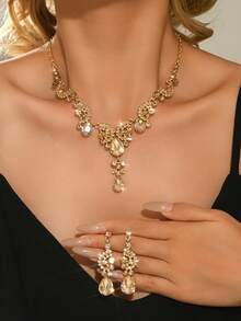 3件套镂空水滴设计新娘女士水晶项链套装，性感珠宝，适合高端晚礼服、派对和商务场合。 - 8023多色 - 查看 14