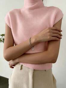 Plus Size Versatile Minimalist Spring/Summer New Casual Fashion Pink High Neck Sleeveless Sweater, Fashionable And Versatile, Suitable For Brunch Outfit - Pink - View 7