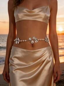 1 pezzo Catena per vita con foglia d'argento e perle finte, elegante cintura a più strati per il corpo, catena vintage per abiti, bikini, accessorio di moda boho per matrimoni in spiaggia - Multicolore - Visualizzare 1