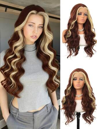 13*4 Lace Front Synthetic Wig, Brown With Golden Highlights Wavy Curly Lace Front Wig, Pre-Plucked Natural Hairline, Heat Resistant Fiber, Suitable For Daily Wear, 24 Inches
