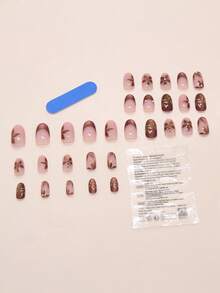 30pcs Medium Oval 3D Cat Eye Metallic Trim Red-Brown Floral Vintage European Style False Nails Set, Includes 1 Nail File & 1 Nail Glue, Suitable For Women's Daily And Work Wear Nail Supplies - Multicolor - View 2