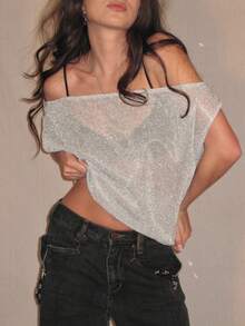 Glitter See Through Tops Women: Sheer Mesh Off The Shoulder Short Sleeve Shirts Summer Sparky Crop Tee Top Blouse - 白色 - 查看 3