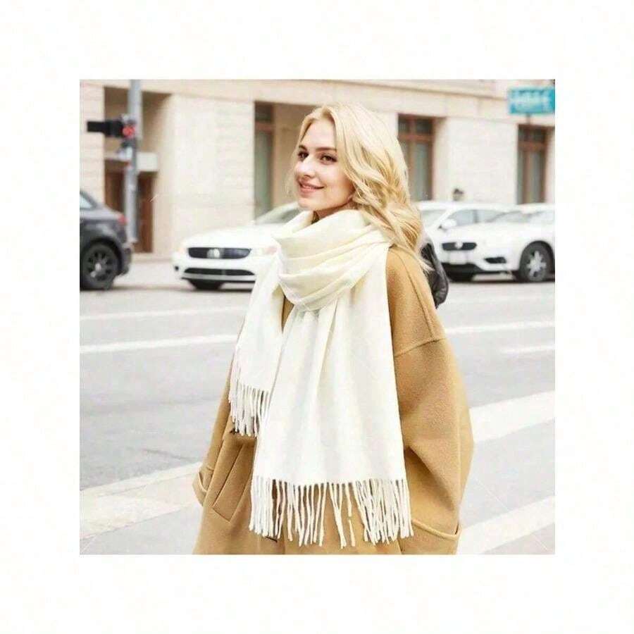 Women's Thick Cashmere Blend Scarf – Warm Long Tassel Shawl, Cozy Dual Use Wrap For Winter - trắng - Xem 1