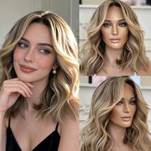 自然网状假发 13x4 蕾丝前假发 合成假发 棕色带灰金色挑染 角色扮演派对日常佩戴 柔软耐热 短款波波头 棕色蜂蜜金渐变蕾丝假发 透明小号/大号帽 - 彩色 - 查看 13