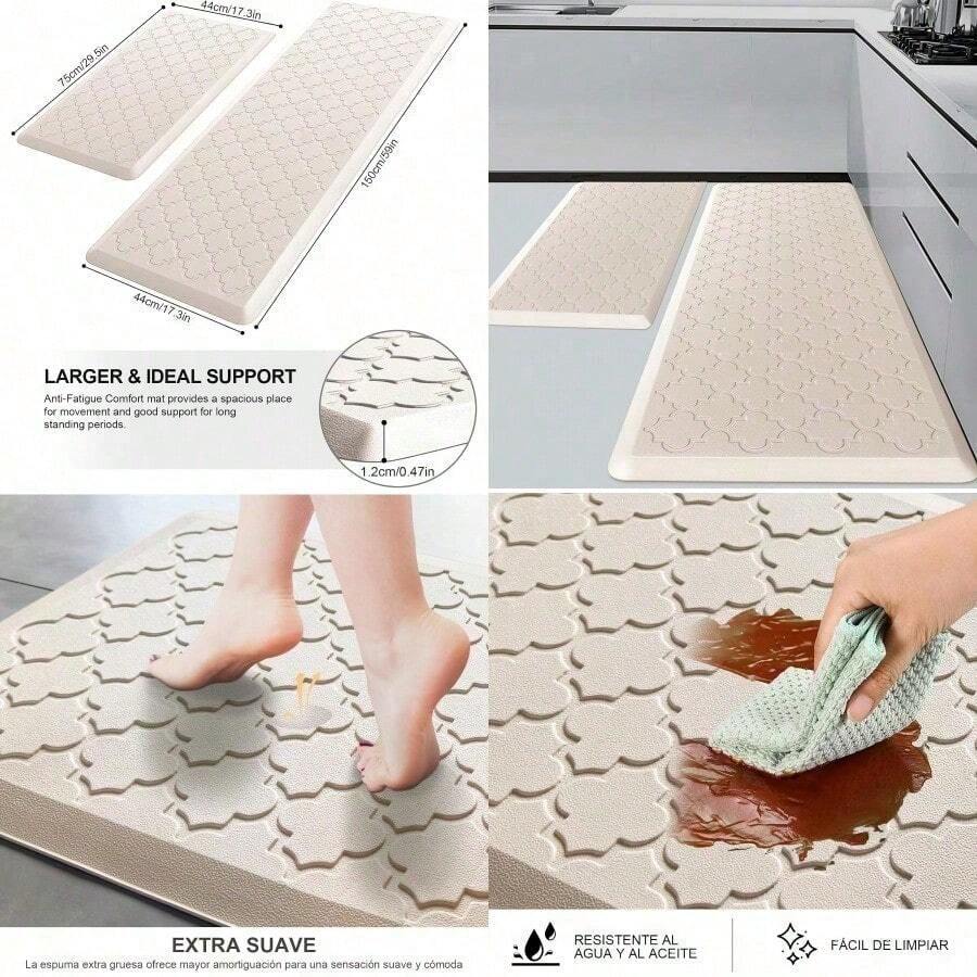&Kisfam Juego de 2 Tapete para Cocina Antifatiga y Acolchonados con Base Antideslizante Estriada Alfombras Impermeables y Ergonómicas para Estar de Pie Tapete Baño 44x75cm + 44x150cm Beige - Beis - Ver 1