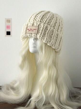 1 st. Höst/vinter Ny Varm Tjock Stickad Mössa För Damer, Smickrande, Mångsidig, Tjock Stickning, Patchdekor, Lämplig För Kallt Väder