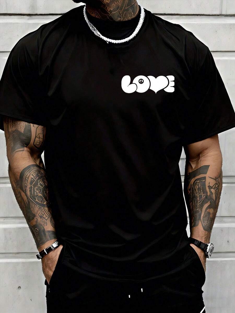 Black T-Shirt,Unisex Simple Crew Neck Short-Sleeved Top, Love And Peace (Anti-War Symbol), Short-Sleeved Crew Neck Casual Top, Hoping For Peace, Spreading Love, Printed T-Shirt, Retro T-Shirt. - 黑色 - 查看 1