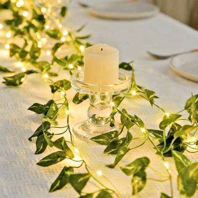 1pc 6.56ft/16.4ft/32.8ft LED Artificial Ivy Leaf Lights String, Fake Ivy Vine Fairy Lights, Battery Powered, Suitable For Home Party, Wedding, Valentine's Day, Office, Birthday, Home, Garden Decor, Bedroom Decor (Batteries Not Included)