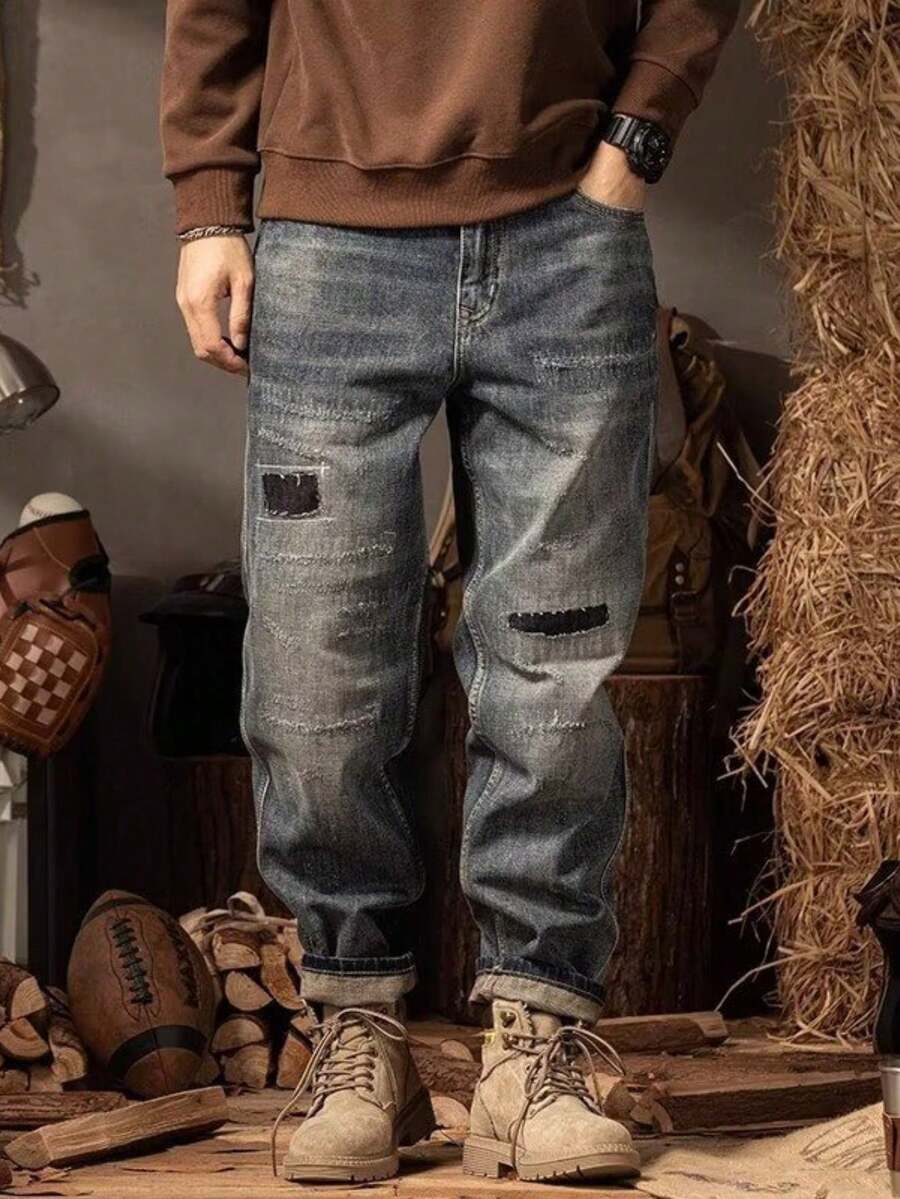 Pantalones Vaqueros Vintage con Corte Recto Relajado, Remiendos Estratégicos, Lavado Suave y Estética Streetwear que Combina Comodidad, Durabilidad y Estilo Cotidiano - Gris - Ver 1