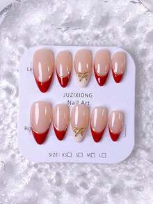 10pcs Handmade French Short Nail Stickers. This Manicure Set Includes 5 Colors: White, Pink, Gold, Blue, And Yellow, With A Charming And Design. Each Nail Sticker Is Decorated With Hand-Painted Vine Patterns That Wind Along Metallic French, And Are Embellished With Gold And Bow Accents. - Đỏ - Xem 8
