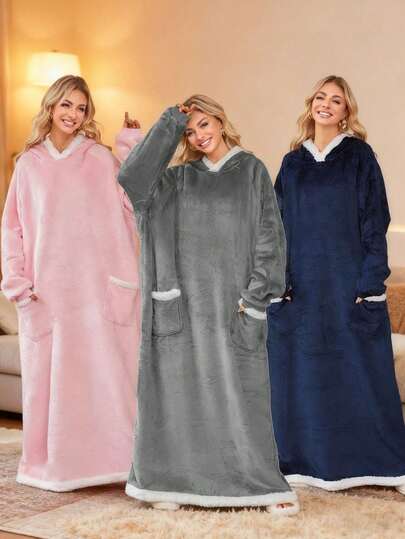 2pcs/1pc Adult Wearable Blanket Hoodie, Thick Fleece Hooded Robe, Oversized Plush Hooded Sweatshirt Blanket With Pockets, Soft Fleece Hooded Pullover, One Size, Great Gift For Friends And Family For Christmas And New Year