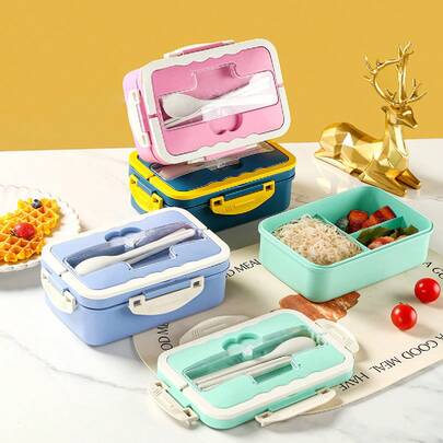 1 cutie de prânz din plastic PP pentru cuptorul cu microunde cu lingură și bețișoare - Cutie de masă pentru cuptorul cu microunde cu compartimente duble pentru copii, birou, școală - Recipient Bento Box pentru depozitarea alimentelor, cutie de prânz portabilă, PP ușoară și durabilă, capac etanș anti-scurgere, ușor de curățat, perfectă pentru pregătirea meselor și pentru deplasare