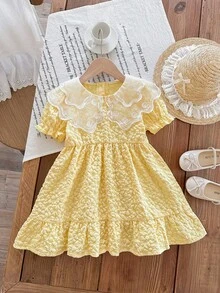 Young Girl' Elegant Middle Eastern Style Summer Party Dress, Floral Lace Collar Design, Textured Fabric, Cute Puff Sleeves, Waist Cinched, Yellow Princess Dress - Yellow - View 4