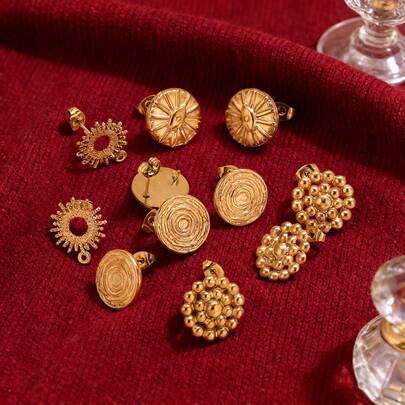 6-Piece Set Of 304 Stainless Steel 18K Gold-Plated Round Embossed Devil's Eye Polished Stud Earring Findings Women's Stainless Steel Jewelry Stud Earrings DIY Jewelry Accessories Stud Earrings