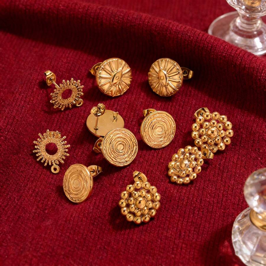 6-Piece Set Of 304 Stainless Steel 18K Gold-Plated Round Embossed Devil's Eye Polished Stud Earring Findings Women's Stainless Steel Jewelry Stud Earrings DIY Jewelry Accessories Stud Earrings