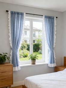 1pc Blue Plaid Ruffle Edge Curtain, French Country Vintage Style Decorative Window Curtain, Rod Pocket Top Installation, Suitable For Bedroom, Living Room, Balcony, Sunroom Decoration Partition In Spring And Autumn - Baby Blue - View 4