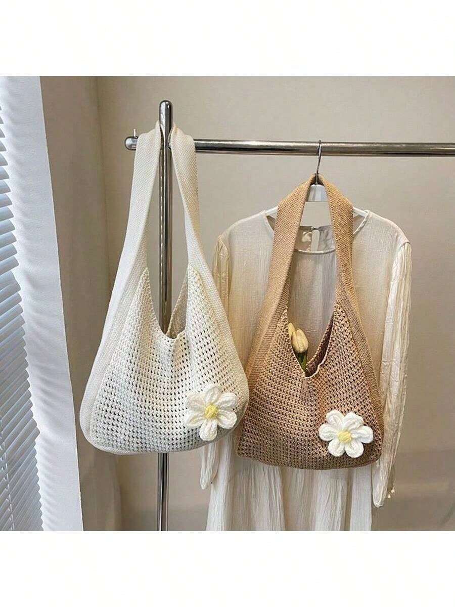 One Shoulder Woven Bag, New Vacation Casual Beach Bag, Crochet Woven Tote Handbag, Back To School Student Project Bag, Valentine's Day, Valentine Gift - Màu be - Xem 1
