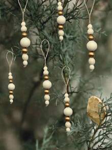 5 piezas Estilo bohemio Cuentas de madera con cuentas doradas y lazos - Decoración colgante estilo granja - Estilo granja para alquiler, árbol de celebración, adecuado para coronas, árboles festivos, arreglos florales, decoraciones de boda, belleza vintage, hecho a mano, duradero - Multicolor - Ver 6