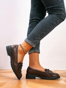 Women's Loafers, Round Toe Tassel Flat Shoes, Outdoor Retro Women's Shoes, Casual College Style Shoes - Bronze - View 3