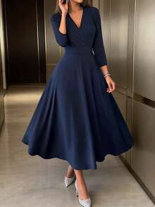Plus Size Women's V-Neck Solid Color Elegant Dress, Suitable For Valentine's Day, Spring/Summer - Navy Blue - View 1