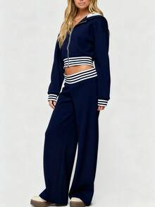 Women's Wide Leg Sweatpants Workout Lounge Pants Loose Fit Low Rise Yoga Pants - Navy Blue - View 5